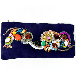 Megan Park Violet/Blue Silk Clutch Bag w/Stunning Jeweled Floral Embellishments